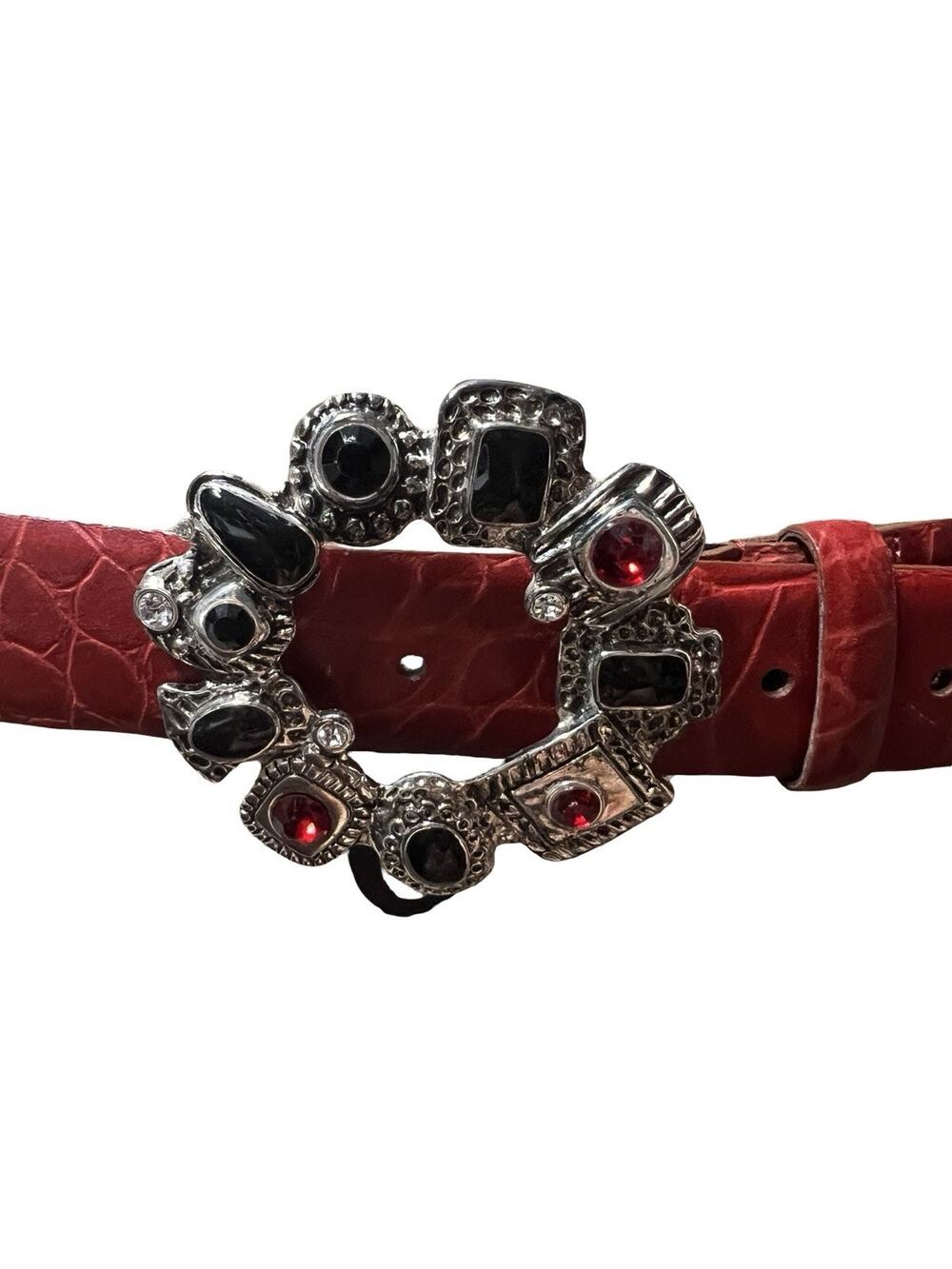 Chico's Red Croc Embossed Leather Rhinestone Ornate Buckle SZ M